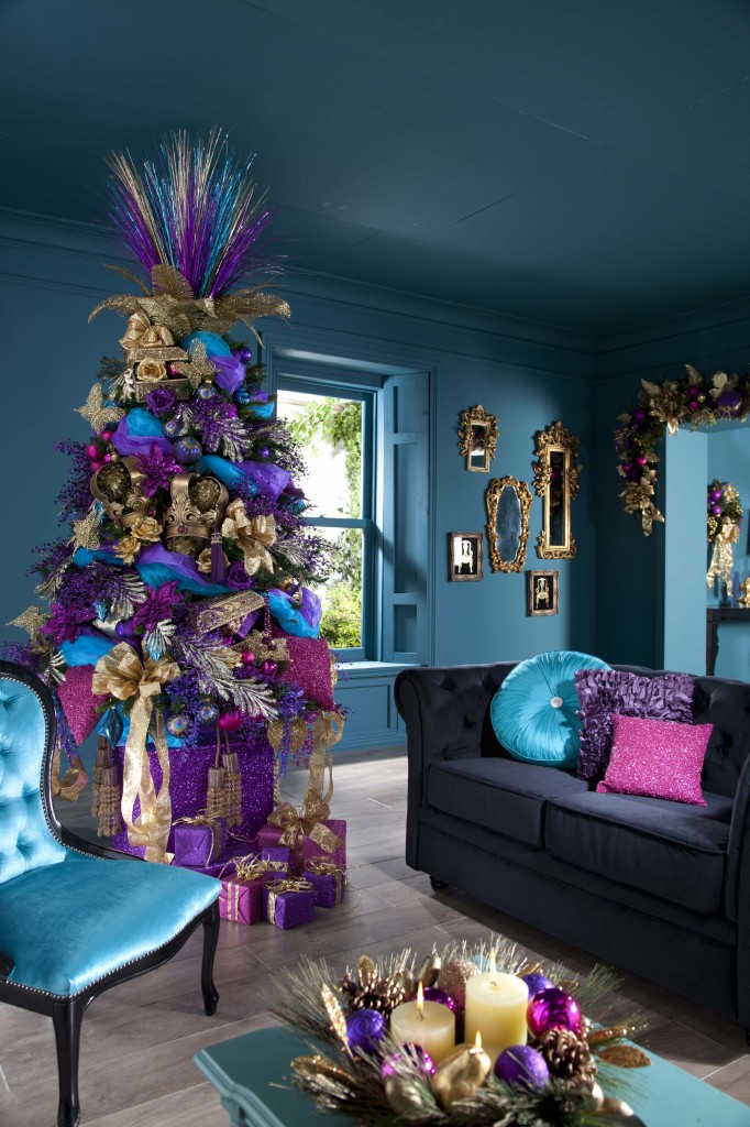 Christmas Tree Decorated in Purple, Blue, and Pink Decorations